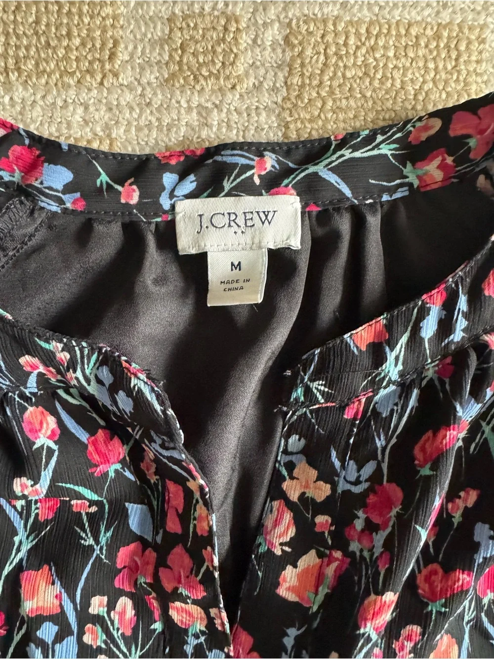 J. Crew Floral Boho Peasant Blouse Black Long Sleeve Lightweight Summer Top M